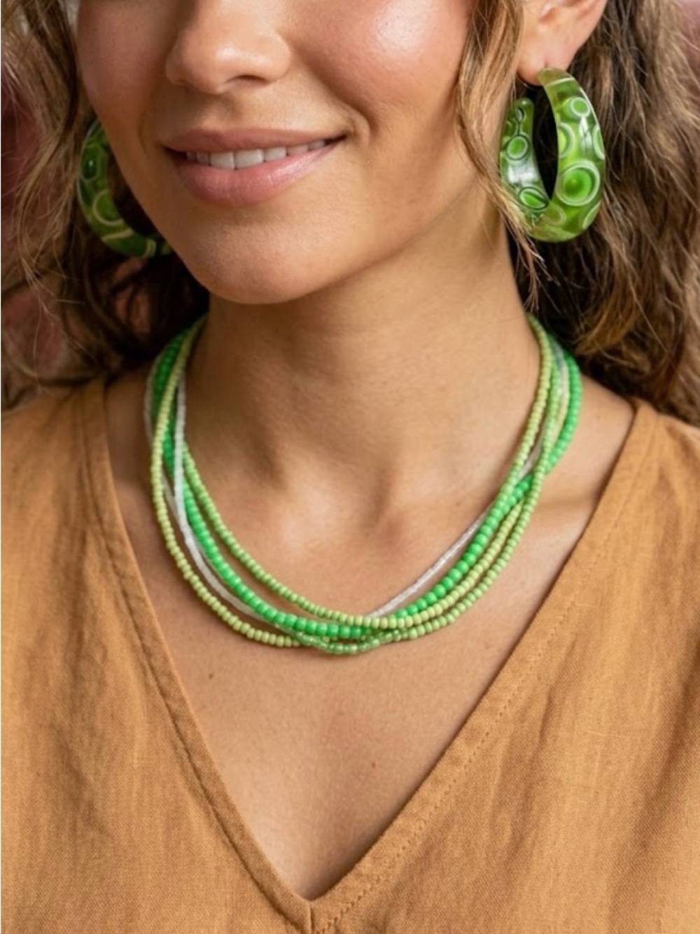 Vibrant Green Beaded necklace  and earrings Set